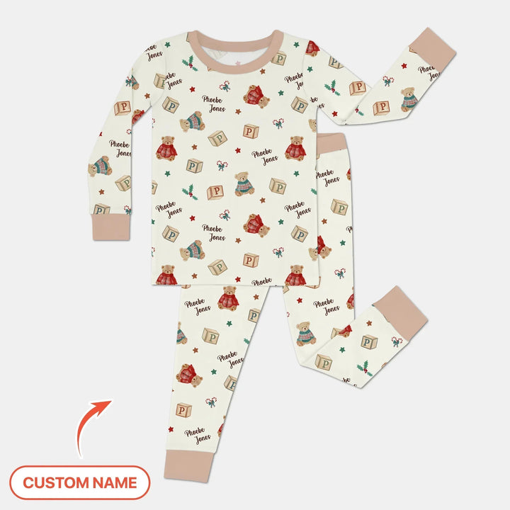 Custom Name Christmas Teddy Bear Two Piece Long Sleeve Pajama Set , Custom Name Christmas Teddy Bear Two Piece Long Sleeve Pajama Set - 12-18M