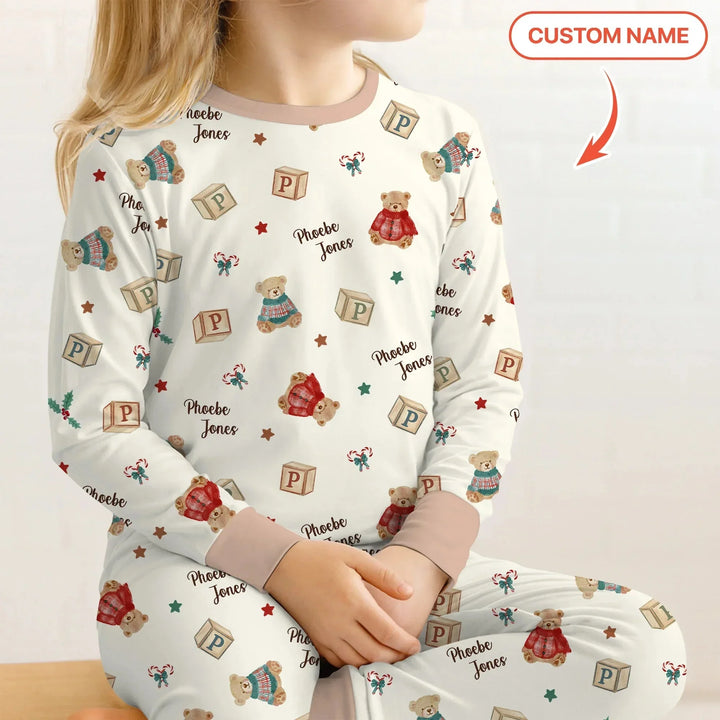 Custom Name Christmas Teddy Bear Two Piece Long Sleeve Pajama Set , Custom Name Christmas Teddy Bear Two Piece Long Sleeve Pajama Set - 12-18M