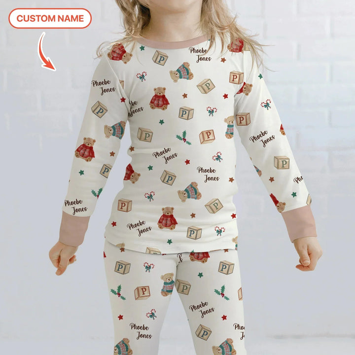 Custom Name Christmas Teddy Bear Two Piece Long Sleeve Pajama Set , Custom Name Christmas Teddy Bear Two Piece Long Sleeve Pajama Set - 12-18M