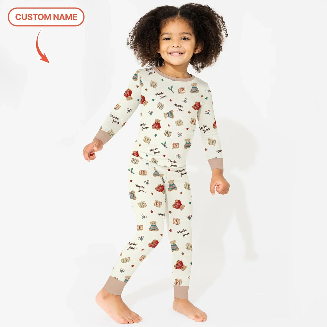 Custom Name Christmas Teddy Bear Two Piece Long Sleeve Pajama Set , Custom Name Christmas Teddy Bear Two Piece Long Sleeve Pajama Set - 12-18M