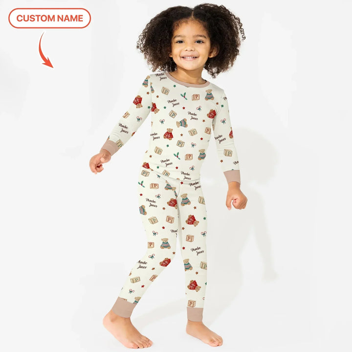 Custom Name Christmas Teddy Bear Two Piece Long Sleeve Pajama Set , Custom Name Christmas Teddy Bear Two Piece Long Sleeve Pajama Set - 12-18M