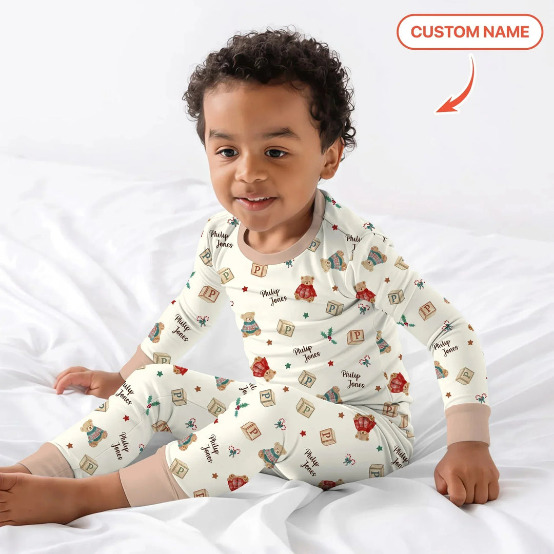 Custom Name Christmas Teddy Bear Two Piece Long Sleeve Pajama Set , Custom Name Christmas Teddy Bear Two Piece Long Sleeve Pajama Set - 12-18M
