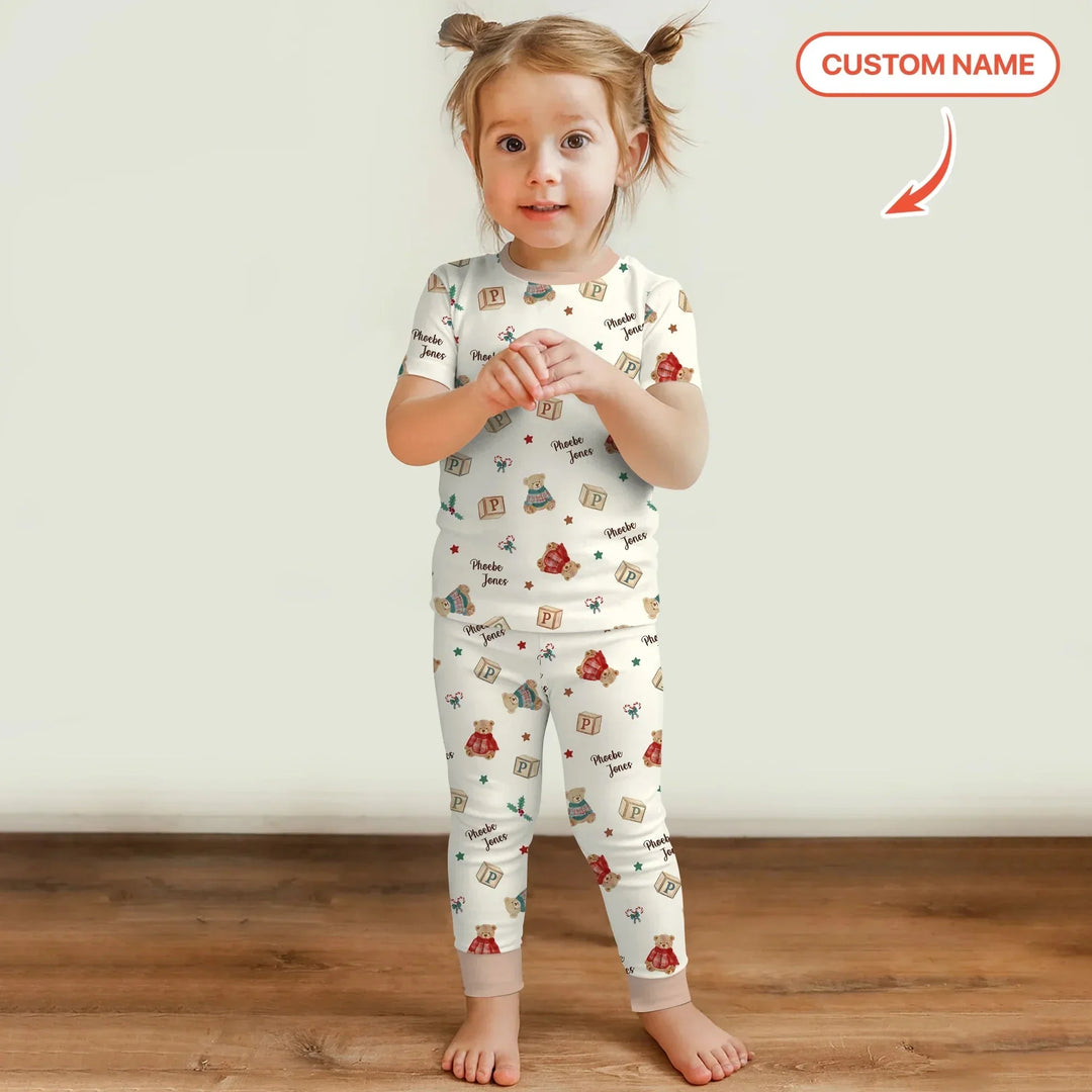 Custom Name Christmas Teddy Bear Two Piece Short Sleeve Pajama Set , Custom Name Christmas Teddy Bear Two Piece Short Sleeve Pajama Set - 12-18M