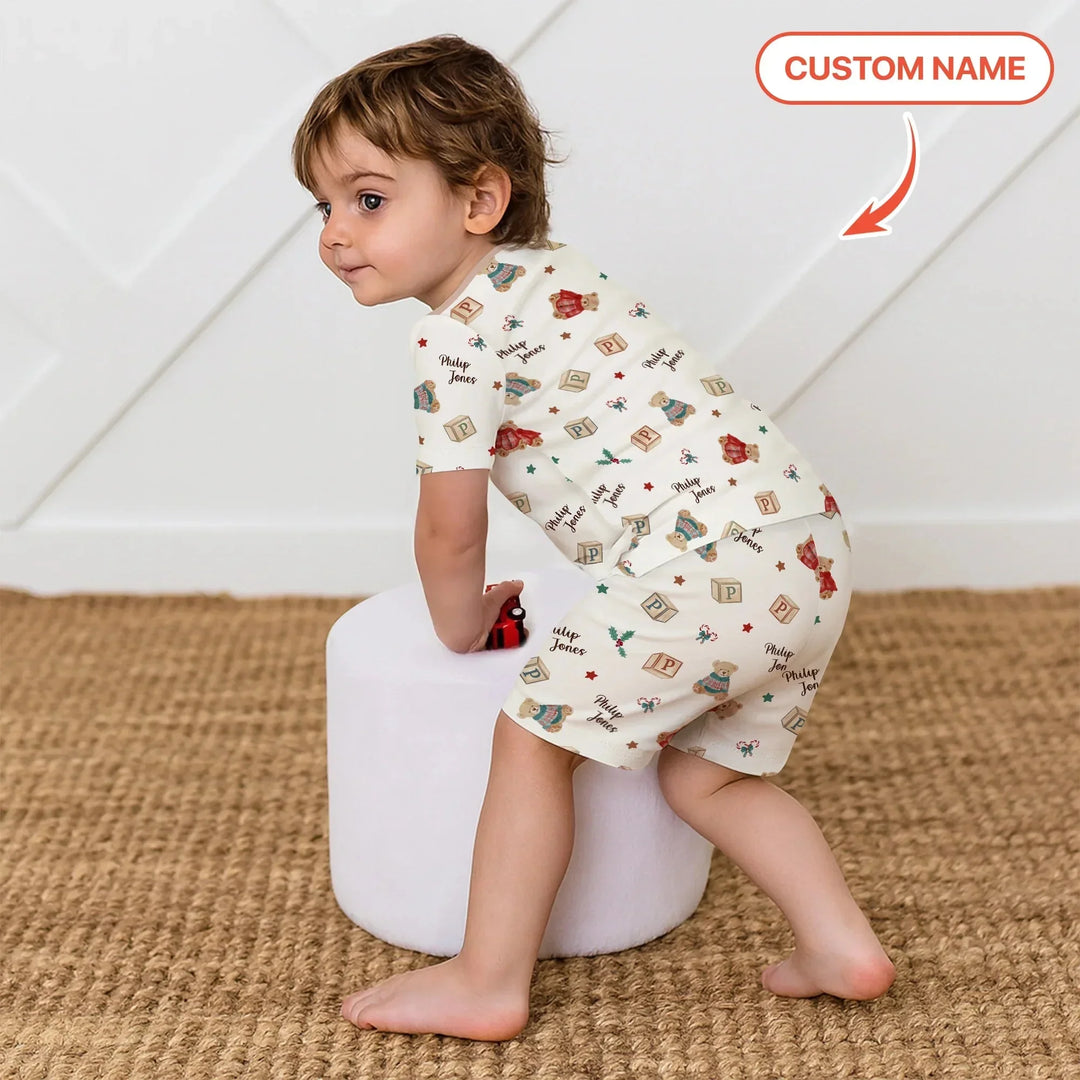 Custom Name Christmas Teddy Bear Two Piece Short Sleeve Shorts Pajama Set , Custom Name Christmas Teddy Bear Two Piece Short Sleeve Shorts Pajama Set - 12-18M