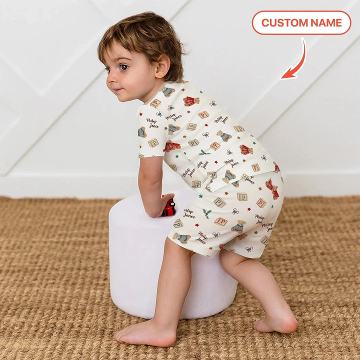 Custom Name Christmas Teddy Bear Two Piece Short Sleeve Shorts Pajama Set , Custom Name Christmas Teddy Bear Two Piece Short Sleeve Shorts Pajama Set - 12-18M