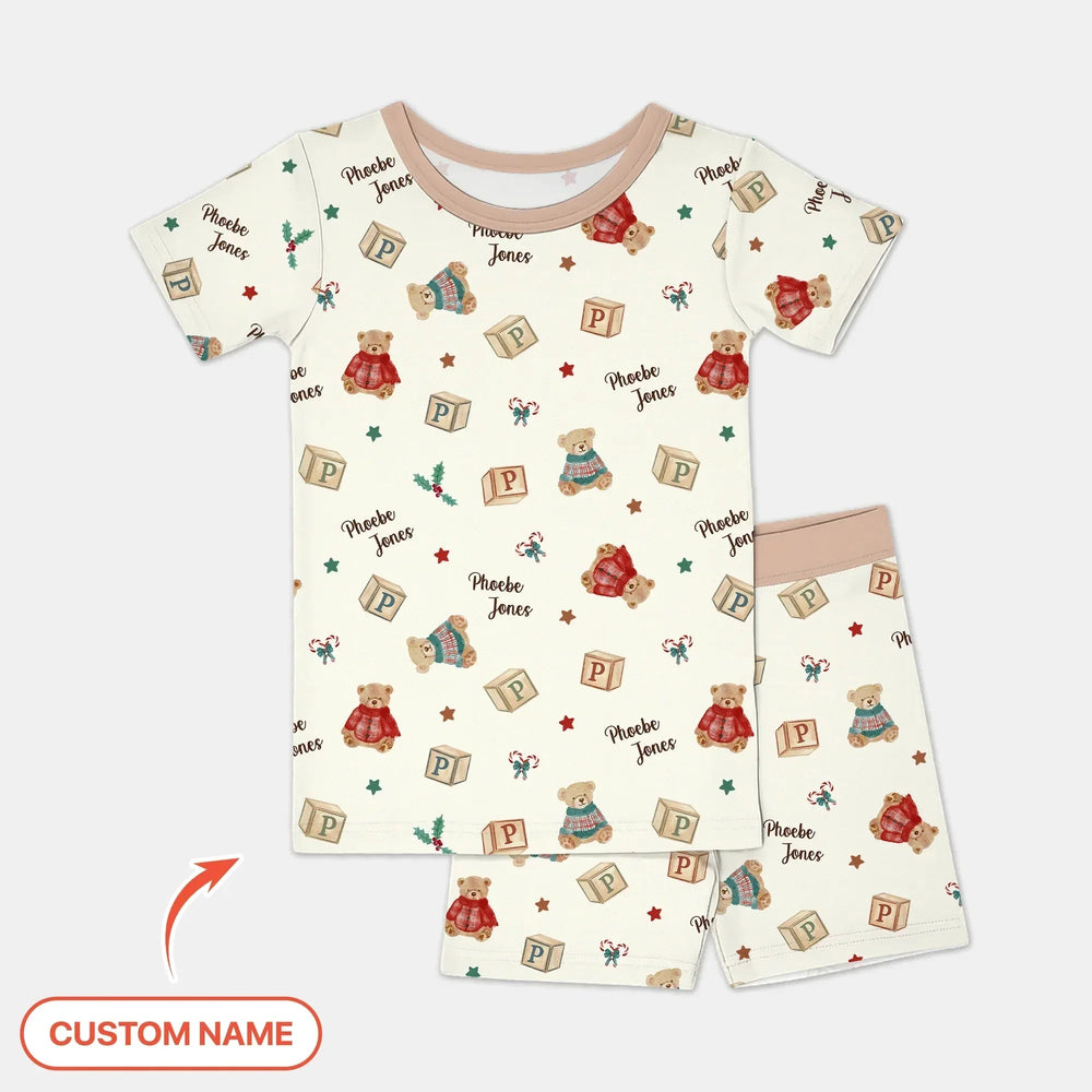 Custom Name Christmas Teddy Bear Two Piece Short Sleeve Shorts Pajama Set , Custom Name Christmas Teddy Bear Two Piece Short Sleeve Shorts Pajama Set - 12-18M
