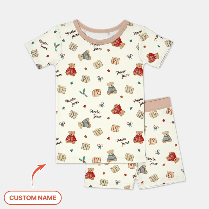 Custom Name Christmas Teddy Bear Two Piece Short Sleeve Shorts Pajama Set , Custom Name Christmas Teddy Bear Two Piece Short Sleeve Shorts Pajama Set - 12-18M