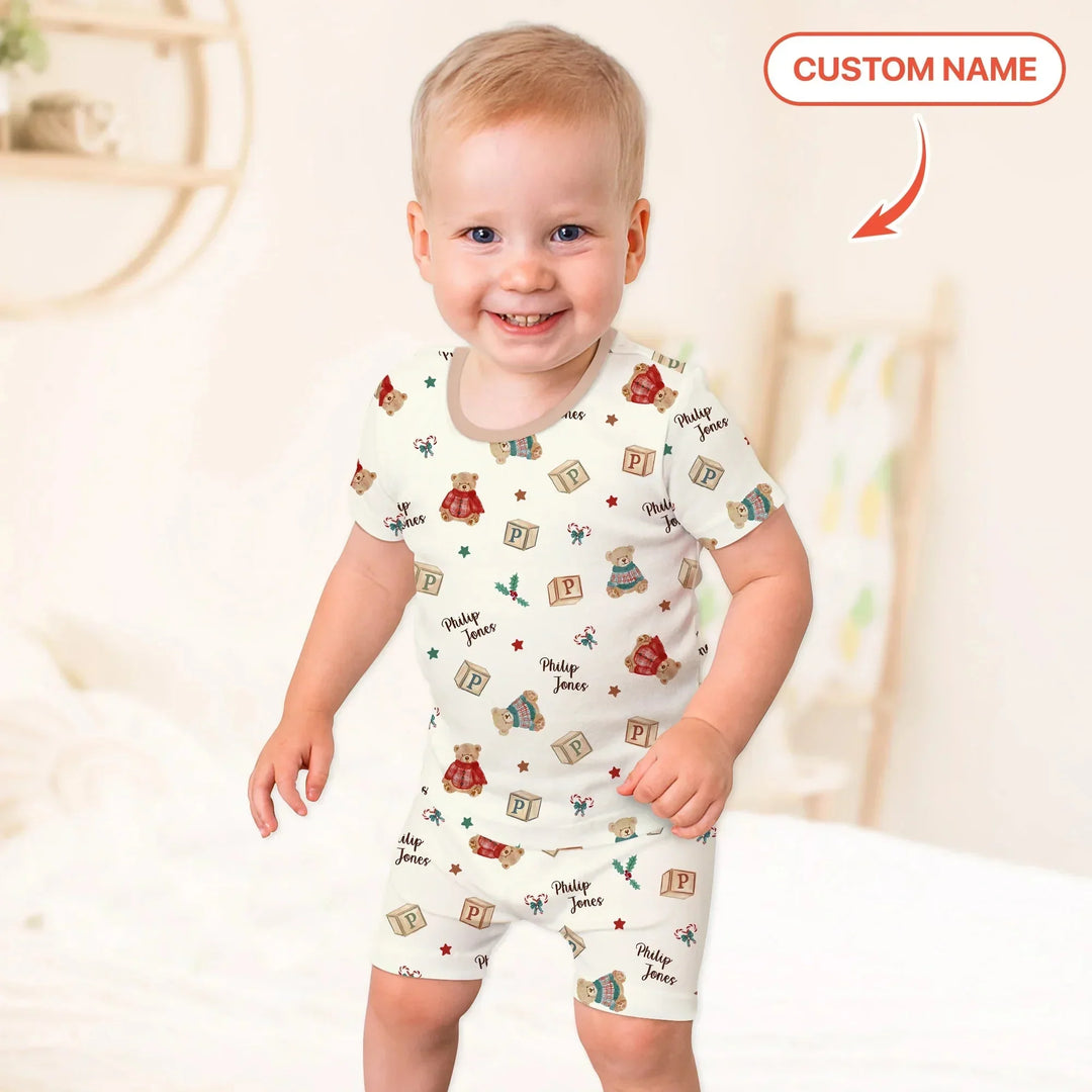 Custom Name Christmas Teddy Bear Two Piece Short Sleeve Shorts Pajama Set , Custom Name Christmas Teddy Bear Two Piece Short Sleeve Shorts Pajama Set - 12-18M