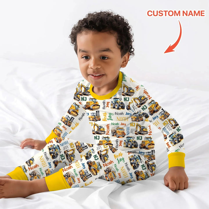 Custom Name Construction Trucks Two Piece Long Sleeve Pajama Set , Custom Name Construction Trucks Two Piece Long Sleeve Pajama Set - 12-18M