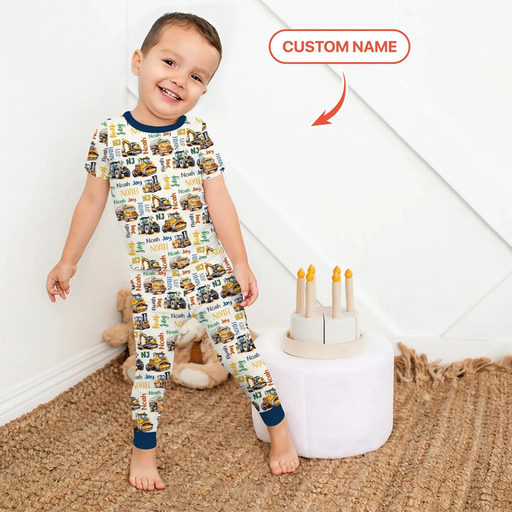 Custom Name Construction Trucks Two Piece Short Sleeve Pajama Set , Custom Name Construction Trucks Two Piece Short Sleeve Pajama Set - 12-18M