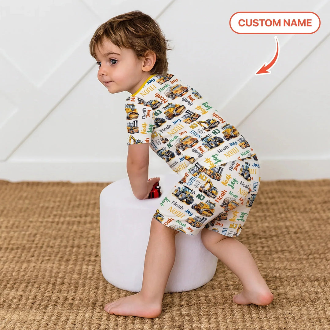 Custom Name Construction Trucks Two Piece Short Sleeve Shorts Pajama Set , Custom Name Construction Trucks Two Piece Short Sleeve Shorts Pajama Set - 12-18M