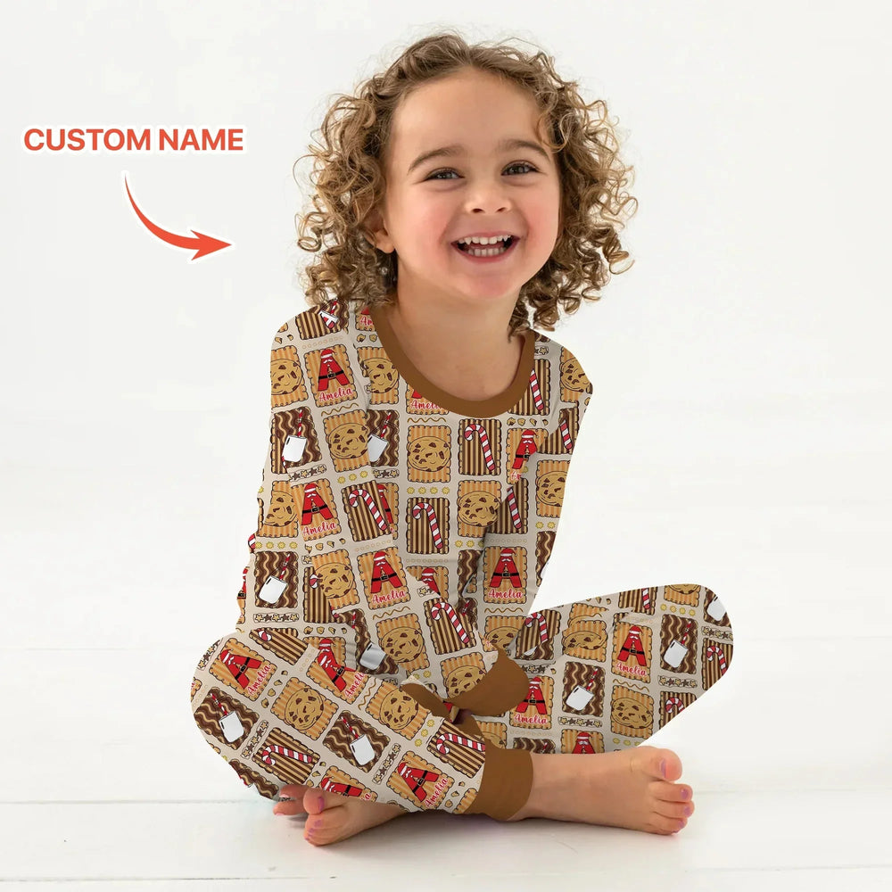 Custom Name Cookies and Milk Wonderland Two Piece Long Sleeve Pajama Set , Custom Name Cookies and Milk Wonderland Two Piece Long Sleeve Pajama Set - 12-18M