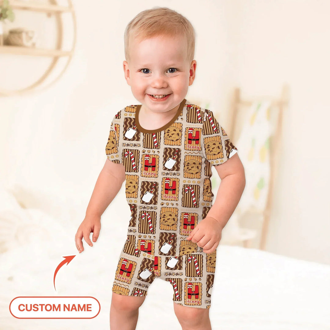 Custom Name Cookies and Milk Wonderland Two Piece Short Sleeve Shorts Pajama Set , Custom Name Cookies and Milk Wonderland Two Piece Short Sleeve Shorts Pajama Set - 12-18M
