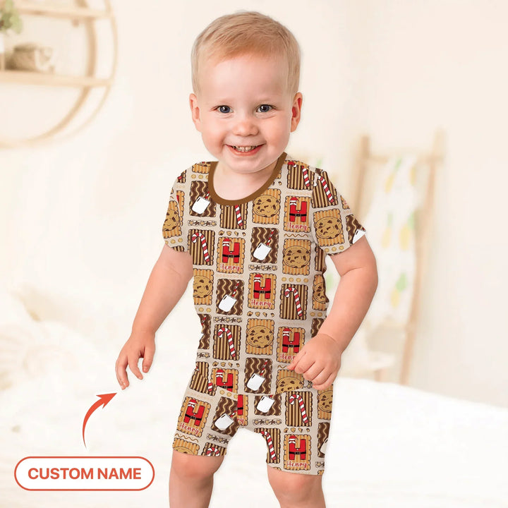 Custom Name Cookies and Milk Wonderland Two Piece Short Sleeve Shorts Pajama Set , Custom Name Cookies and Milk Wonderland Two Piece Short Sleeve Shorts Pajama Set - 12-18M