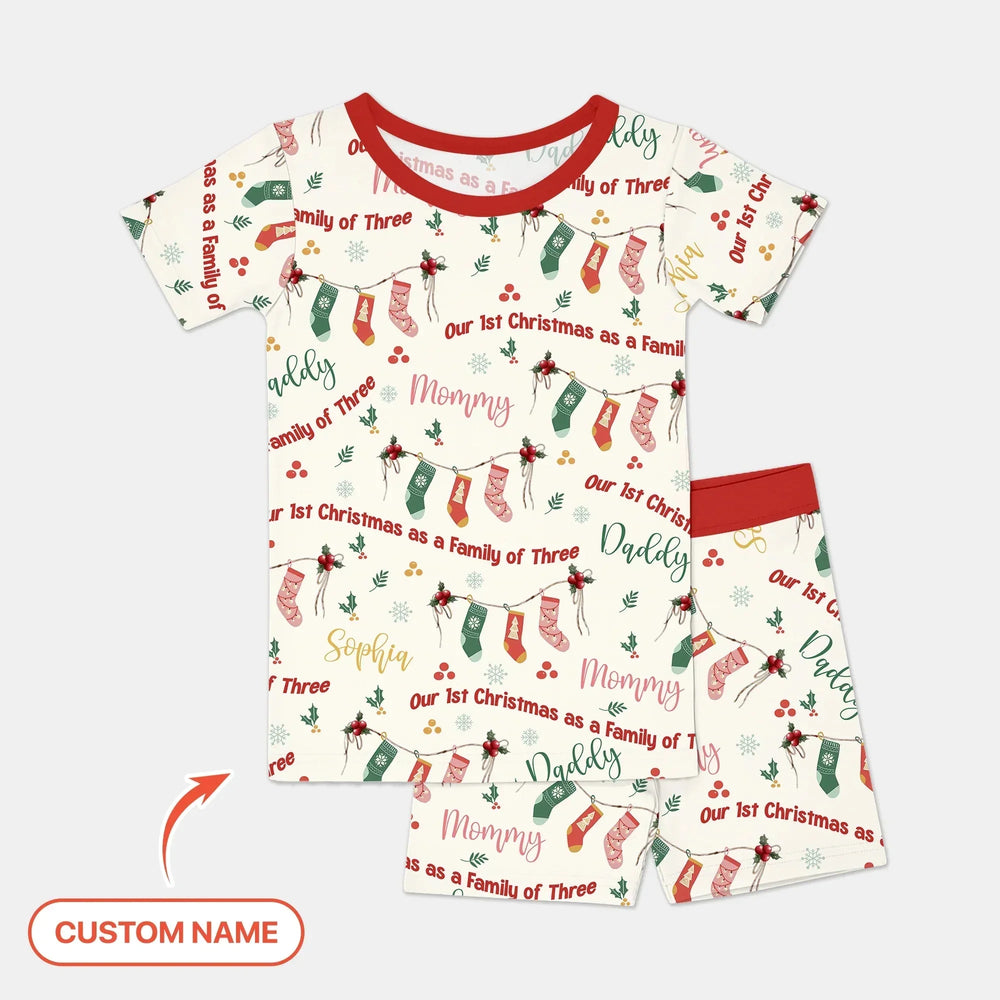Custom Name Family Christmas Stockings Two Piece Short Sleeve Shorts Pajama Set , Custom Name Family Christmas Stockings Two Piece Short Sleeve Shorts Pajama Set - 12-18M