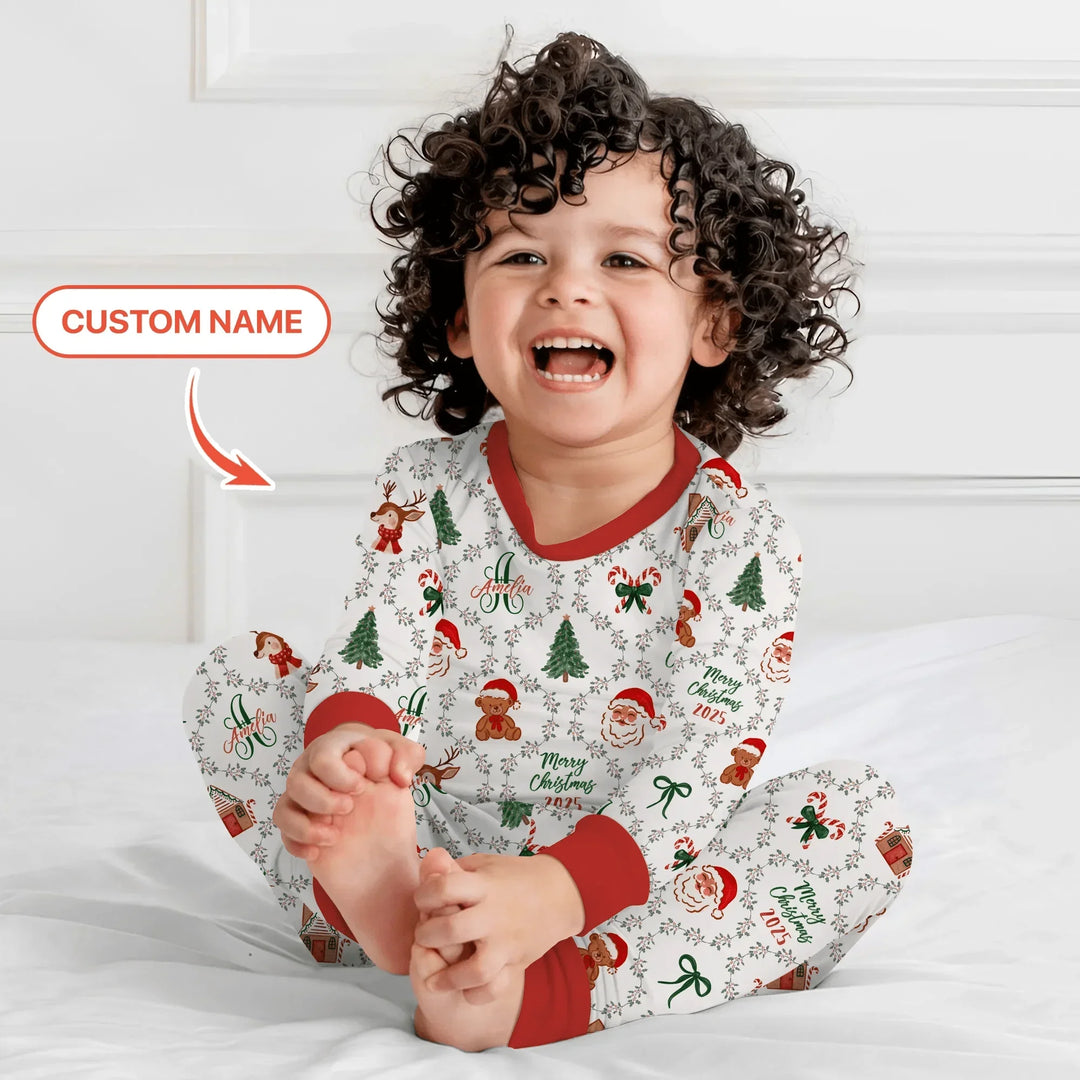 Custom name "Fancy Monogram Red Christmas 2025" Two Piece Long Sleeve Pajama Set , Custom name "Fancy Monogram Red Christmas 2025" Two Piece Long Sleeve Pajama Set - 12-18M