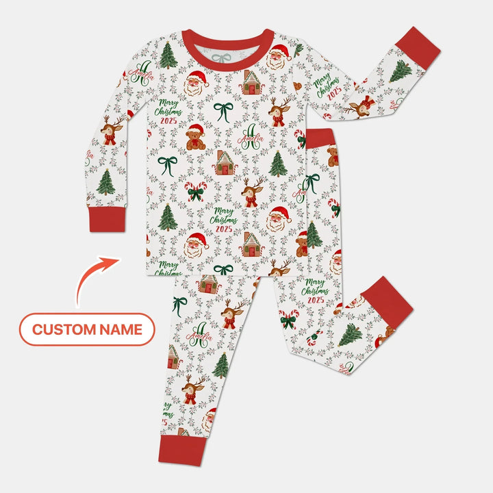 Custom name "Fancy Monogram Red Christmas 2025" Two Piece Long Sleeve Pajama Set , Custom name "Fancy Monogram Red Christmas 2025" Two Piece Long Sleeve Pajama Set - 12-18M