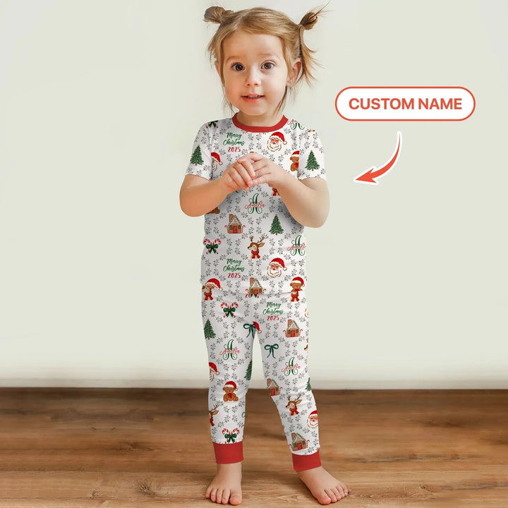 Custom name "Fancy Monogram Red Christmas 2025" Two Piece Short Sleeve Pajama Set , Custom name "Fancy Monogram Red Christmas 2025" Two Piece Short Sleeve Pajama Set - 12-18M