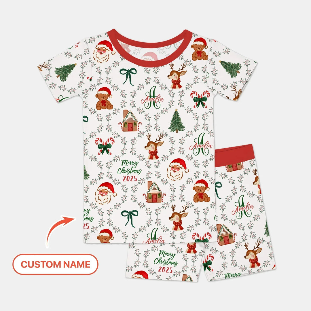 Custom name "Fancy Monogram Red Christmas 2025" Two Piece Short Sleeve Shorts Pajama Set , Custom name "Fancy Monogram Red Christmas 2025" Two Piece Short Sleeve Shorts Pajama Set - 12-18M