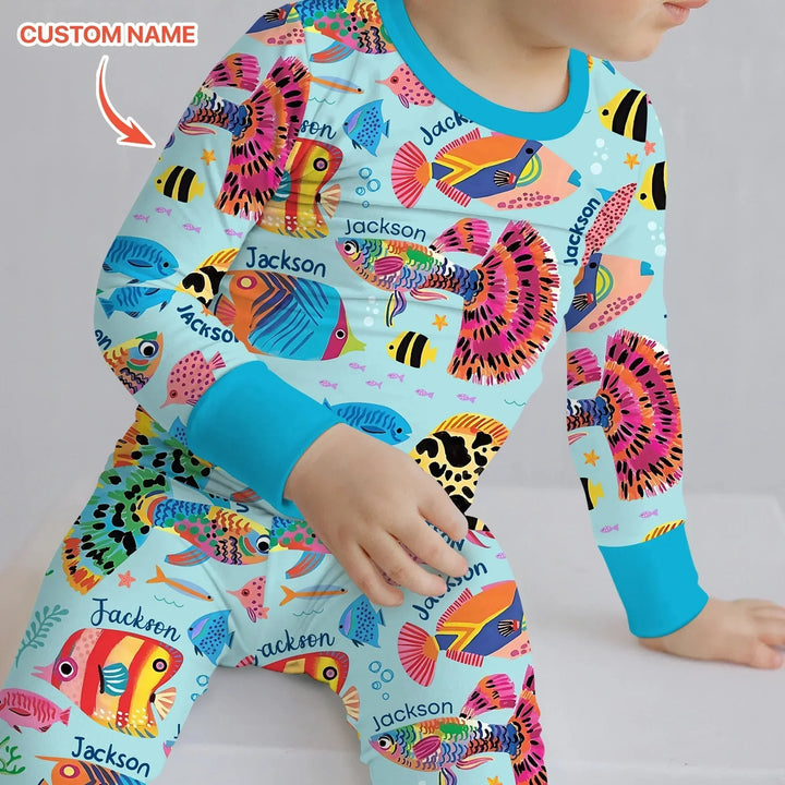 Custom Name Fish Dream Two Piece Long Sleeve Pajama Set , Custom Name Fish Dream Two Piece Long Sleeve Pajama Set - 12-18M