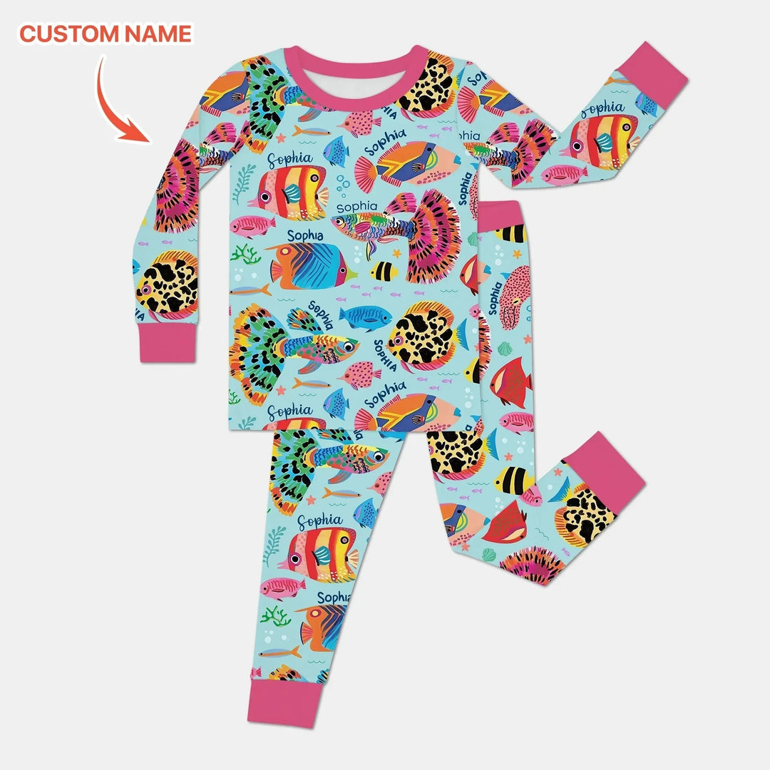 Custom Name Fish Dream Two Piece Long Sleeve Pajama Set , Custom Name Fish Dream Two Piece Long Sleeve Pajama Set - 12-18M
