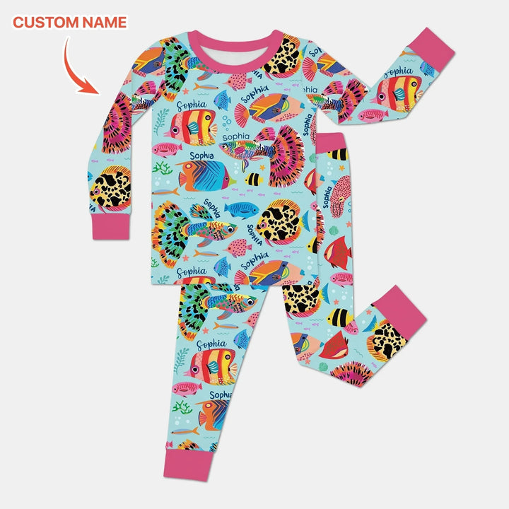 Custom Name Fish Dream Two Piece Long Sleeve Pajama Set , Custom Name Fish Dream Two Piece Long Sleeve Pajama Set - 12-18M