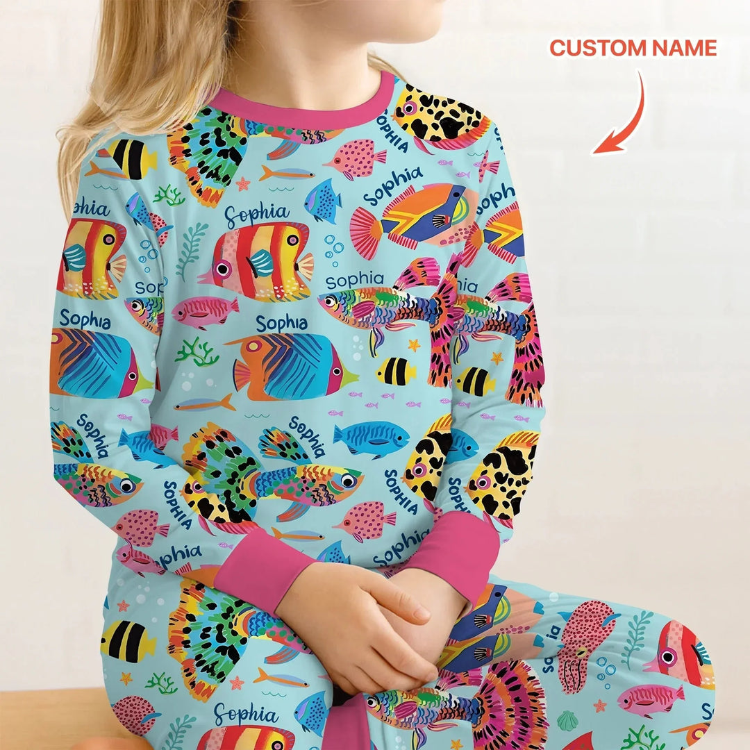 Custom Name Fish Dream Two Piece Long Sleeve Pajama Set , Custom Name Fish Dream Two Piece Long Sleeve Pajama Set - 12-18M