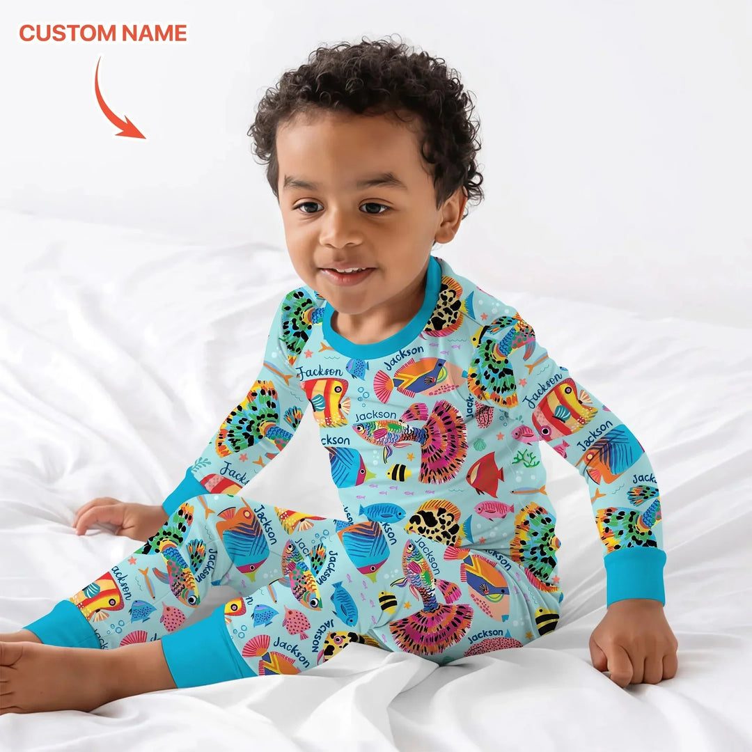 Custom Name Fish Dream Two Piece Long Sleeve Pajama Set , Custom Name Fish Dream Two Piece Long Sleeve Pajama Set - 12-18M