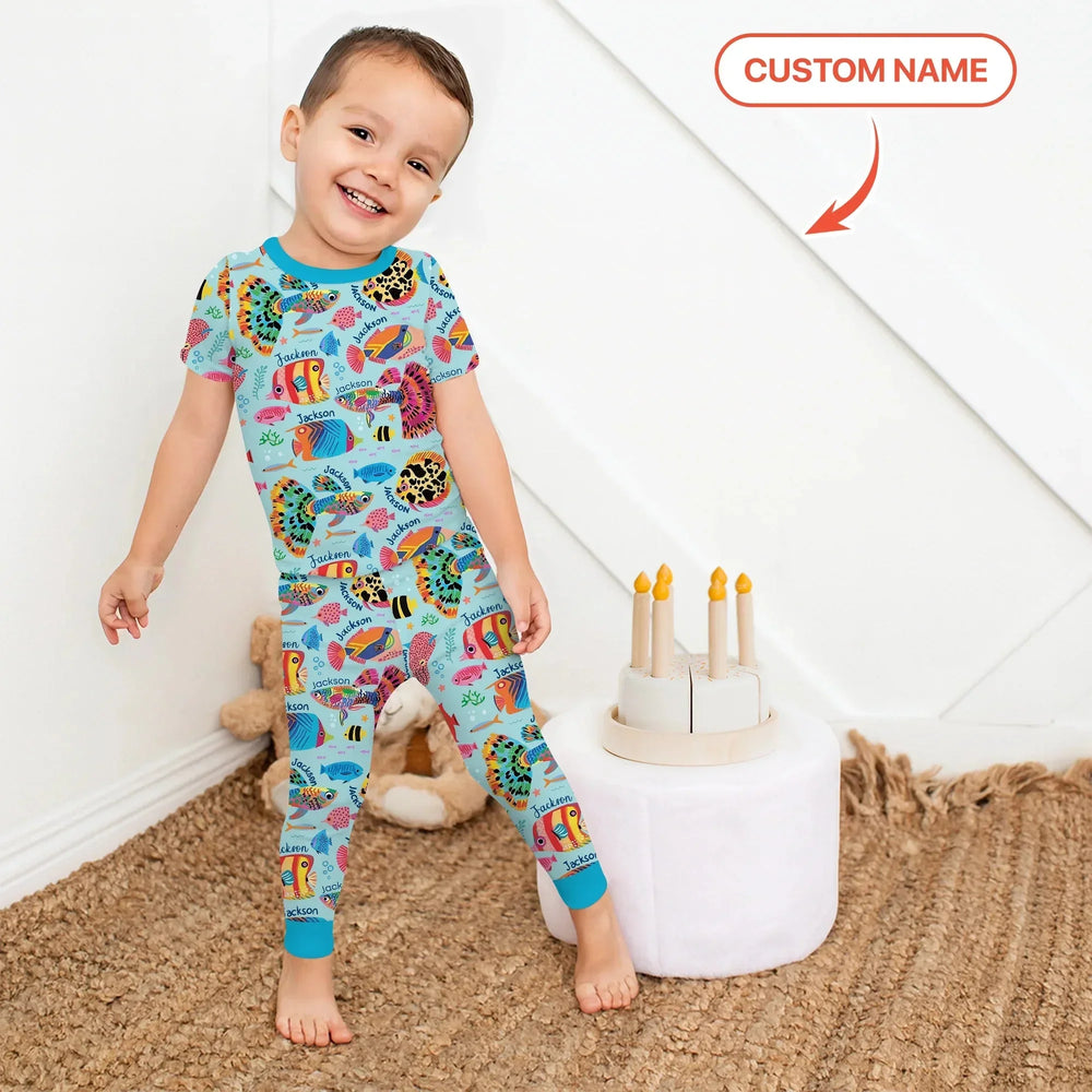 Custom Name Fish Dream Two Piece Short Sleeve Pajama Set , Custom Name Fish Dream Two Piece Short Sleeve Pajama Set - 12-18M