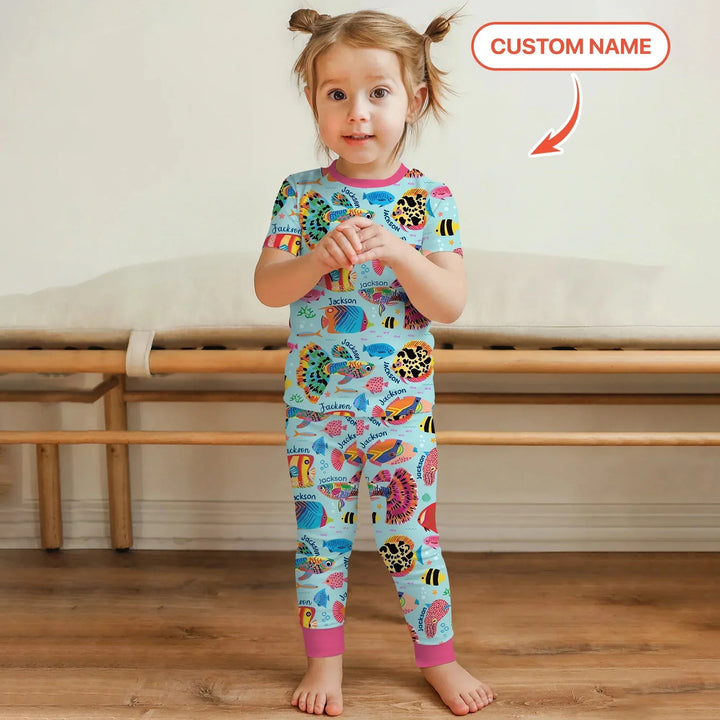 Custom Name Fish Dream Two Piece Short Sleeve Pajama Set , Custom Name Fish Dream Two Piece Short Sleeve Pajama Set - 12-18M