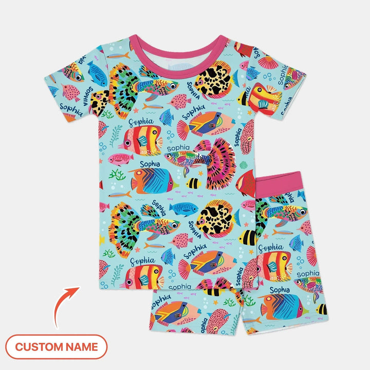Custom Name Fish Dream Two Piece Short Sleeve Shorts Pajama Set , Custom Name Fish Dream Two Piece Short Sleeve Shorts Pajama Set - 12-18M