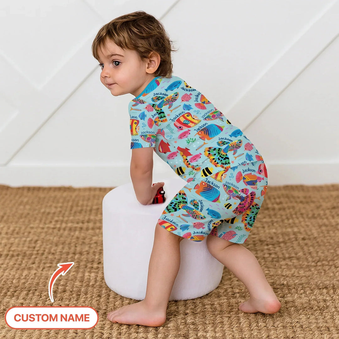 Custom Name Fish Dream Two Piece Short Sleeve Shorts Pajama Set , Custom Name Fish Dream Two Piece Short Sleeve Shorts Pajama Set - 12-18M