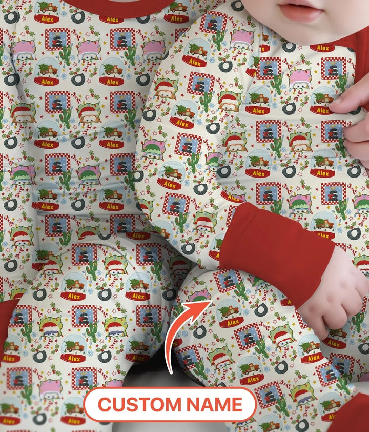 Custom Name Funny Christmas Cars Two Piece Long Sleeve Pajama Set , Custom Name Funny Christmas Cars Two Piece Long Sleeve Pajama Set - 12-18M