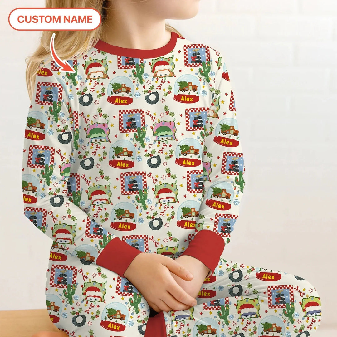 Custom Name Funny Christmas Cars Two Piece Long Sleeve Pajama Set , Custom Name Funny Christmas Cars Two Piece Long Sleeve Pajama Set - 12-18M