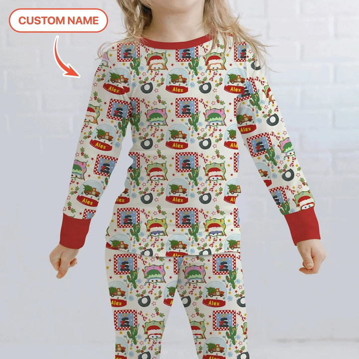Custom Name Funny Christmas Cars Two Piece Long Sleeve Pajama Set , Custom Name Funny Christmas Cars Two Piece Long Sleeve Pajama Set - 12-18M