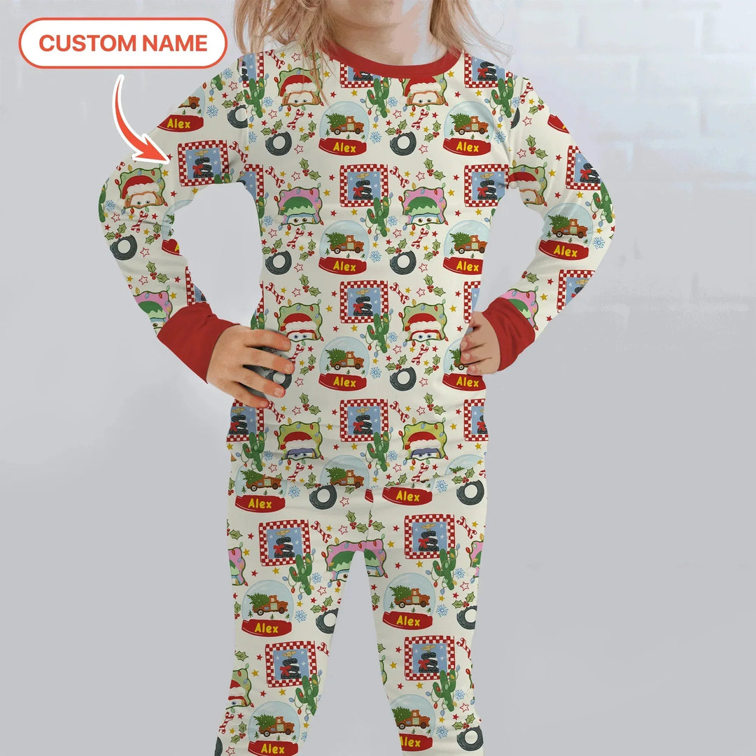 Custom Name Funny Christmas Cars Two Piece Long Sleeve Pajama Set , Custom Name Funny Christmas Cars Two Piece Long Sleeve Pajama Set - 12-18M