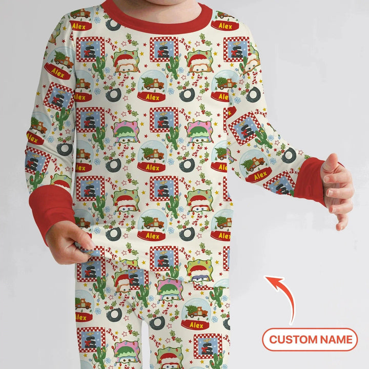 Custom Name Funny Christmas Cars Two Piece Long Sleeve Pajama Set , Custom Name Funny Christmas Cars Two Piece Long Sleeve Pajama Set - 12-18M