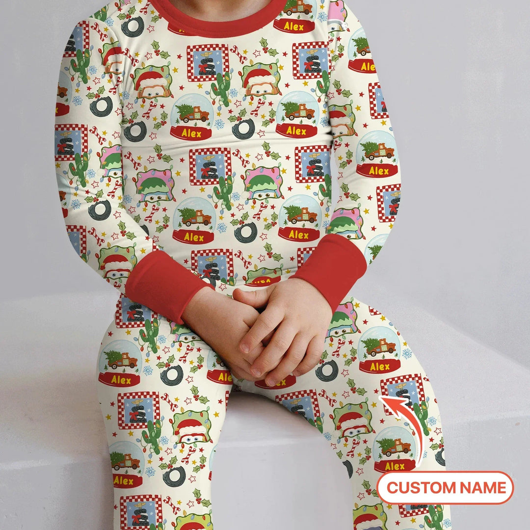 Custom Name Funny Christmas Cars Two Piece Long Sleeve Pajama Set , Custom Name Funny Christmas Cars Two Piece Long Sleeve Pajama Set - 12-18M