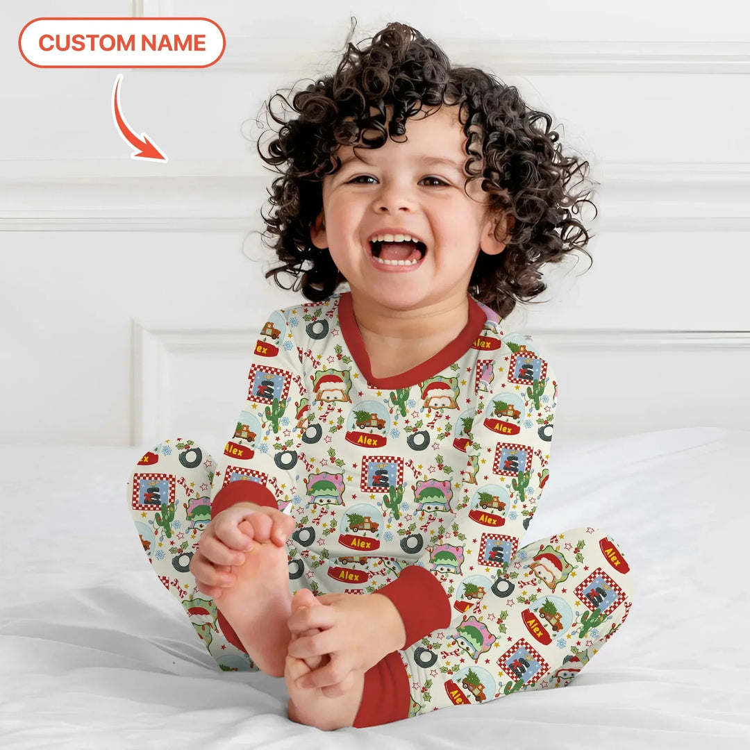Custom Name Funny Christmas Cars Two Piece Long Sleeve Pajama Set , Custom Name Funny Christmas Cars Two Piece Long Sleeve Pajama Set - 12-18M