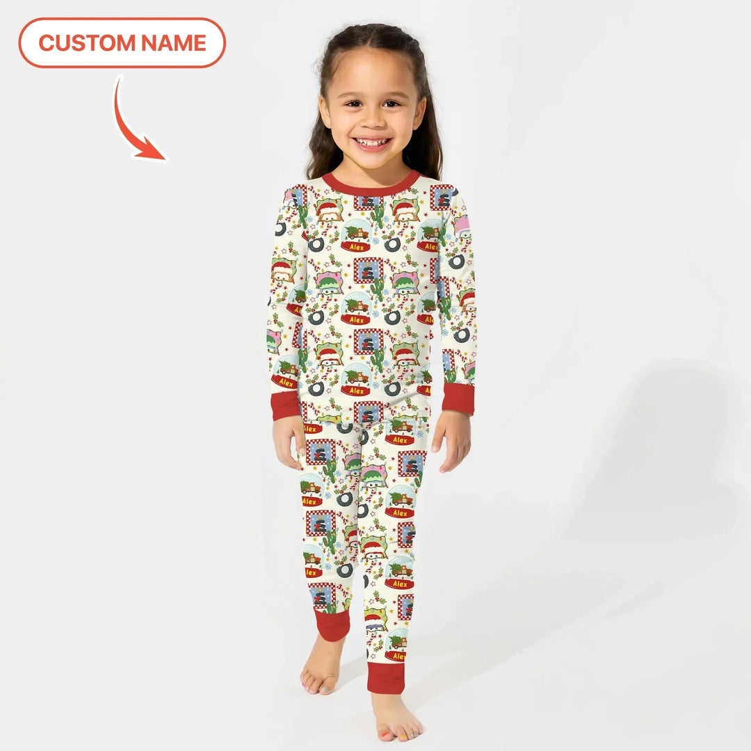 Custom Name Funny Christmas Cars Two Piece Long Sleeve Pajama Set , Custom Name Funny Christmas Cars Two Piece Long Sleeve Pajama Set - 12-18M