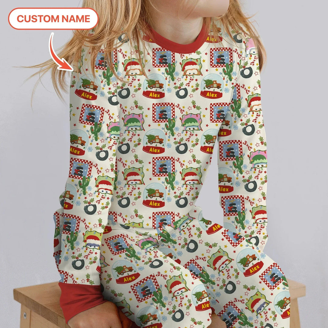 Custom Name Funny Christmas Cars Two Piece Long Sleeve Pajama Set , Custom Name Funny Christmas Cars Two Piece Long Sleeve Pajama Set - 12-18M