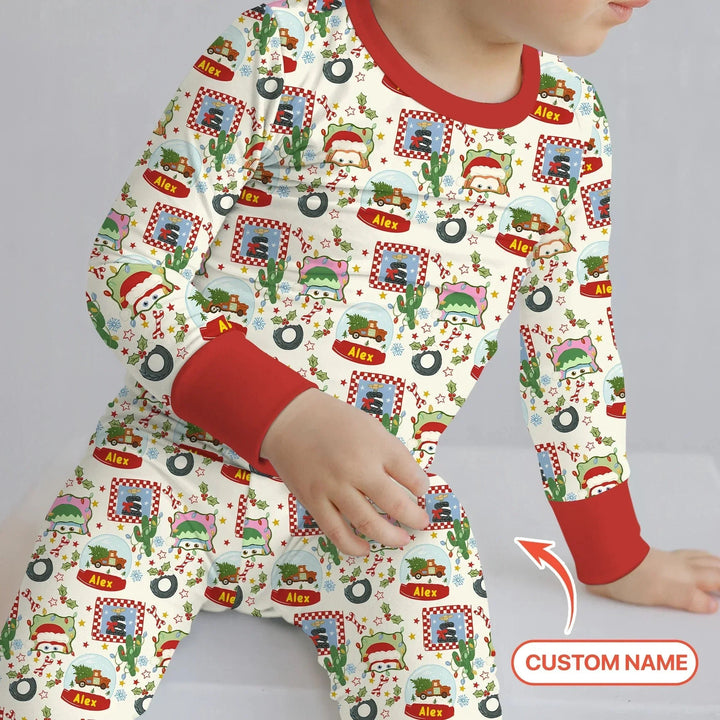 Custom Name Funny Christmas Cars Two Piece Long Sleeve Pajama Set , Custom Name Funny Christmas Cars Two Piece Long Sleeve Pajama Set - 12-18M