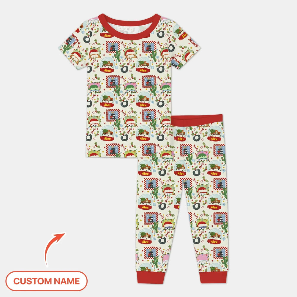 Custom Name Funny Christmas Cars Two Piece Short Sleeve Pajama Set , Custom Name Funny Christmas Cars Two Piece Short Sleeve Pajama Set - 12-18M