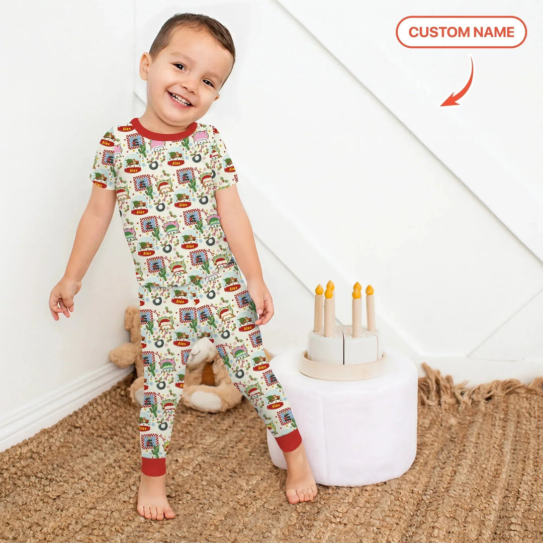Custom Name Funny Christmas Cars Two Piece Short Sleeve Pajama Set , Custom Name Funny Christmas Cars Two Piece Short Sleeve Pajama Set - 12-18M