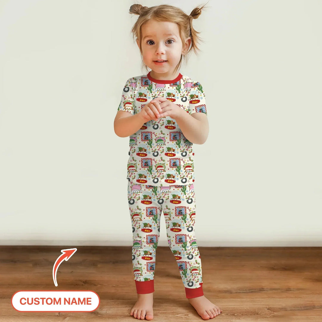 Custom Name Funny Christmas Cars Two Piece Short Sleeve Pajama Set , Custom Name Funny Christmas Cars Two Piece Short Sleeve Pajama Set - 12-18M