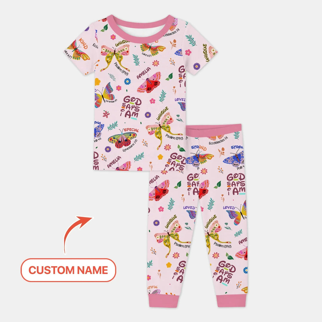 Custom Name God says I am Butterfly Two Piece Short Sleeve Pajama Set , Custom Name God says I am Butterfly Two Piece Short Sleeve Pajama Set - 12-18M
