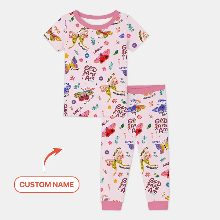 Custom Name God says I am Butterfly Two Piece Short Sleeve Pajama Set , Custom Name God says I am Butterfly Two Piece Short Sleeve Pajama Set - 12-18M