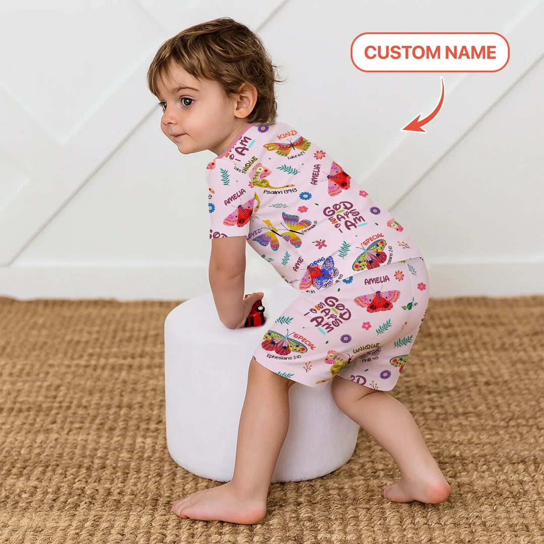 Custom Name God says I am Butterfly Two Piece Short Sleeve Shorts Pajama Set , Custom Name God says I am Butterfly Two Piece Short Sleeve Shorts Pajama Set - 12-18M