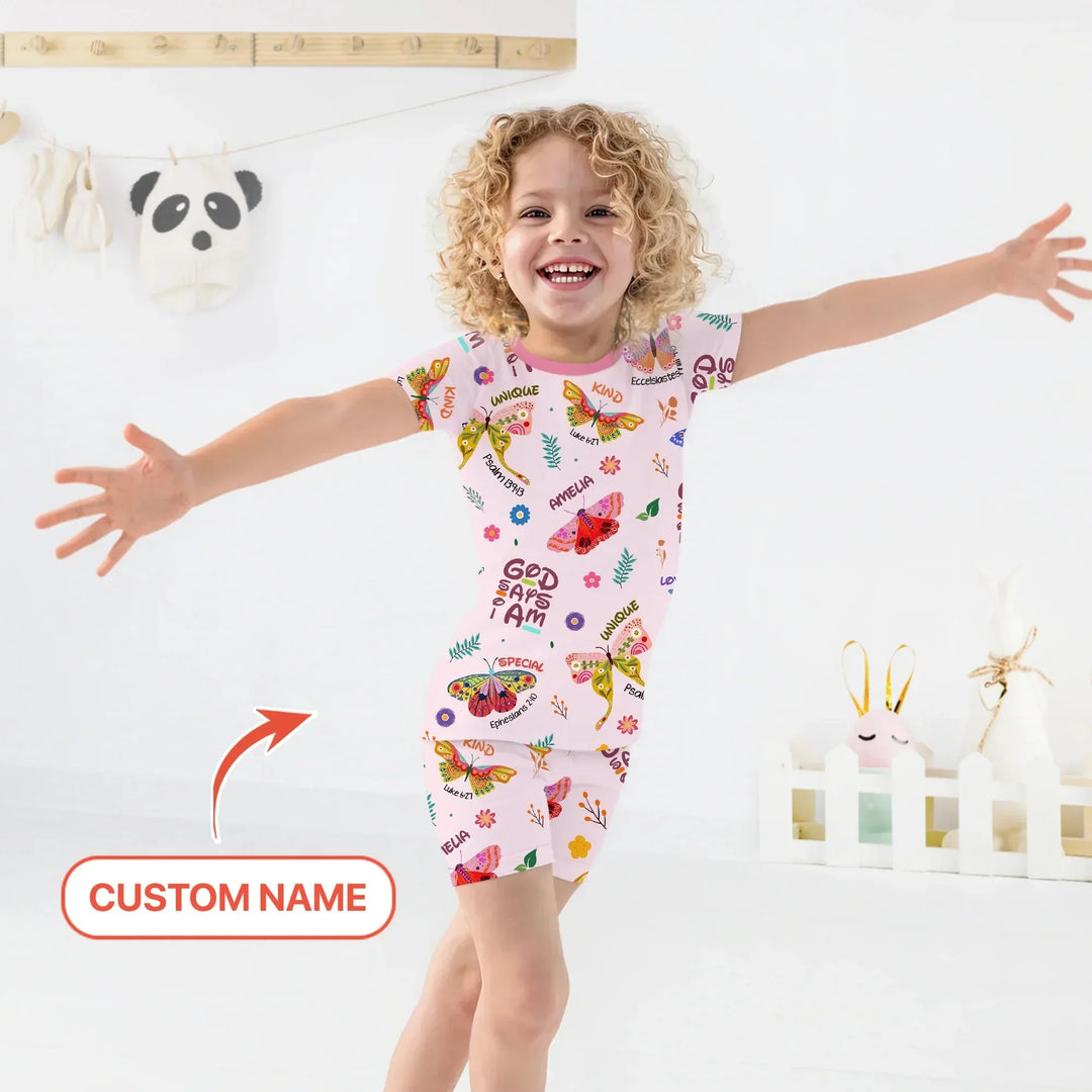 Custom Name God says I am Butterfly Two Piece Short Sleeve Shorts Pajama Set , Custom Name God says I am Butterfly Two Piece Short Sleeve Shorts Pajama Set - 12-18M