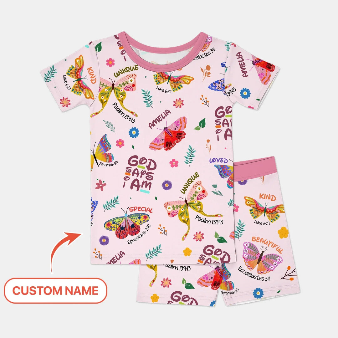 Custom Name God says I am Butterfly Two Piece Short Sleeve Shorts Pajama Set , Custom Name God says I am Butterfly Two Piece Short Sleeve Shorts Pajama Set - 12-18M